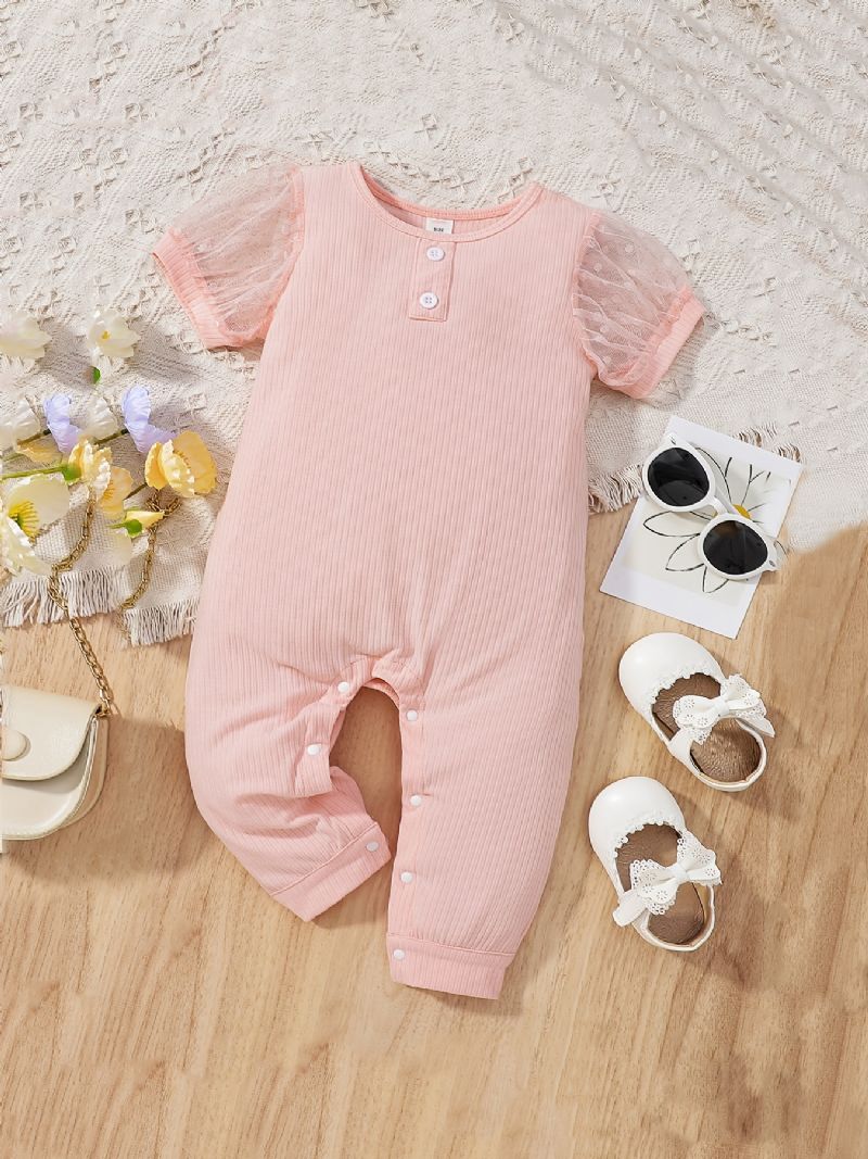 Bebis Flickor Puffärm Stickad Romper Med Mesh Patch Kort Ärm Solid Casual Jumpsuit