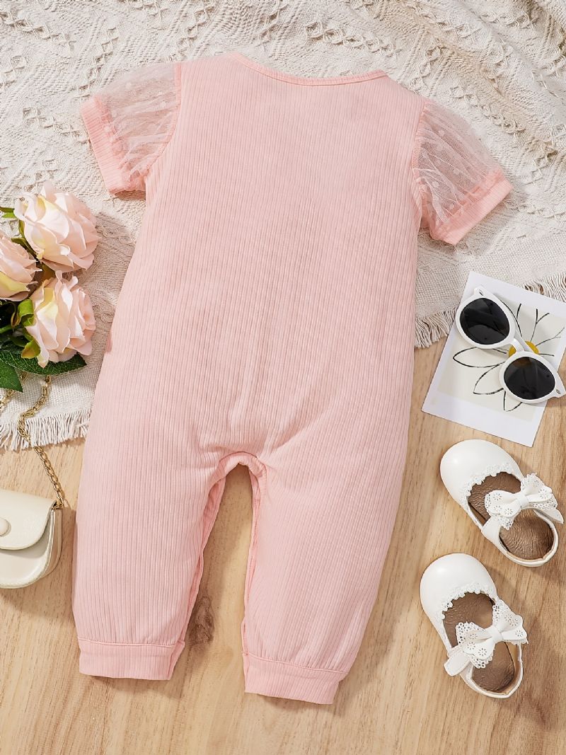 Bebis Flickor Puffärm Stickad Romper Med Mesh Patch Kort Ärm Solid Casual Jumpsuit