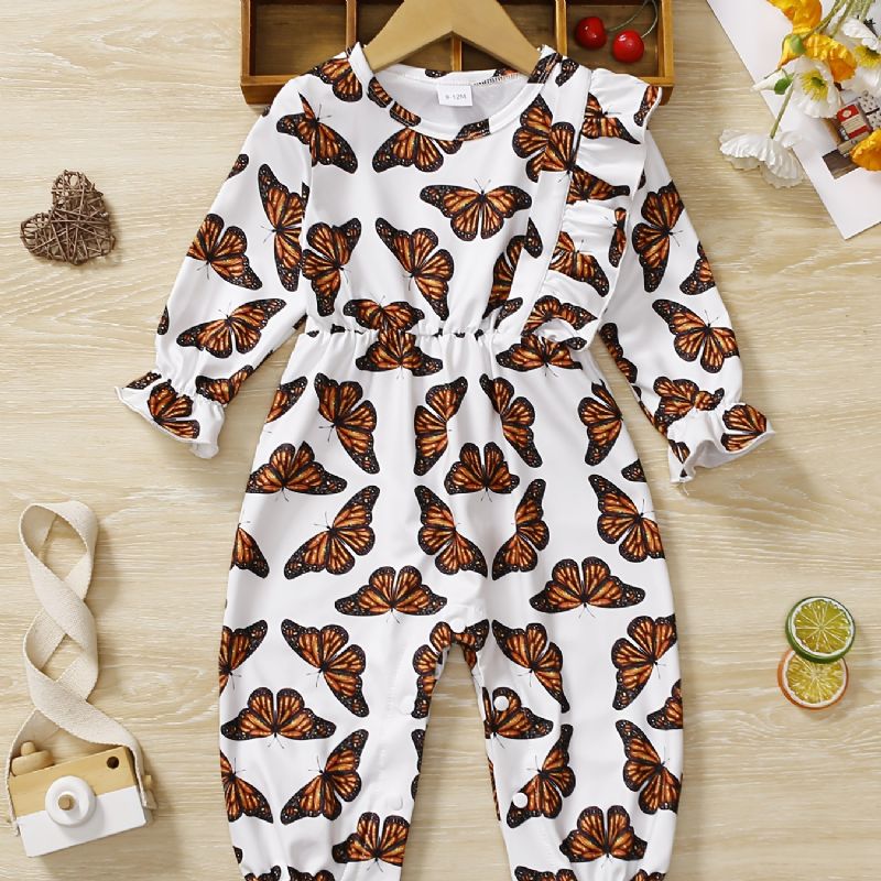 Bebis Flickor Romper Butterfly Print Volanger Långärmad Jumpsuit Barnkläder