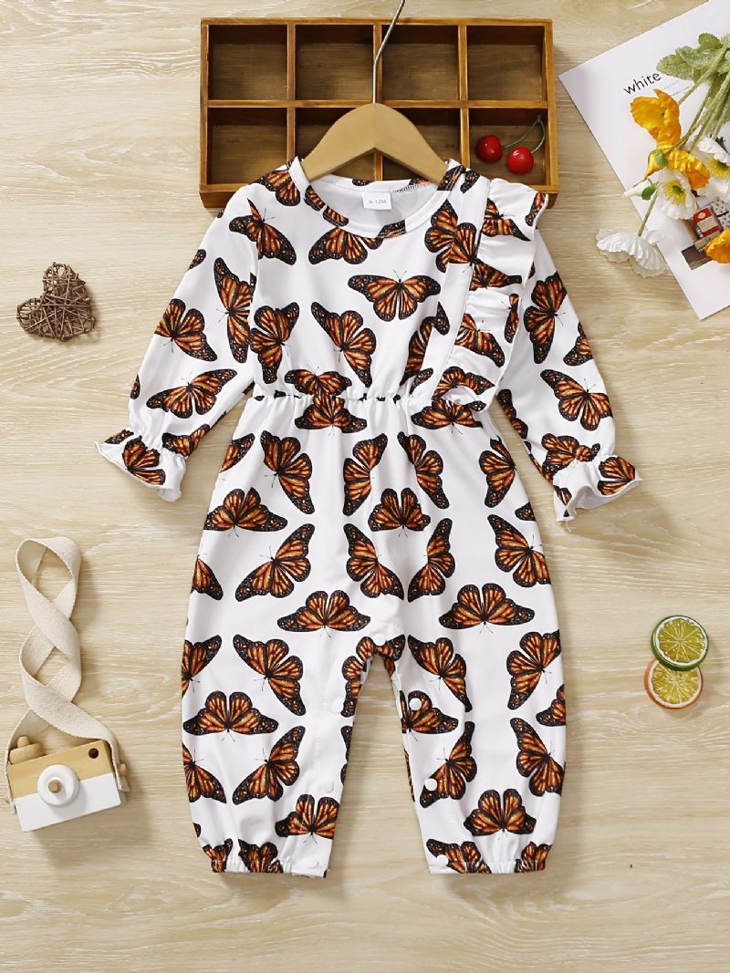 Bebis Flickor Romper Butterfly Print Volanger Långärmad Jumpsuit Barnkläder