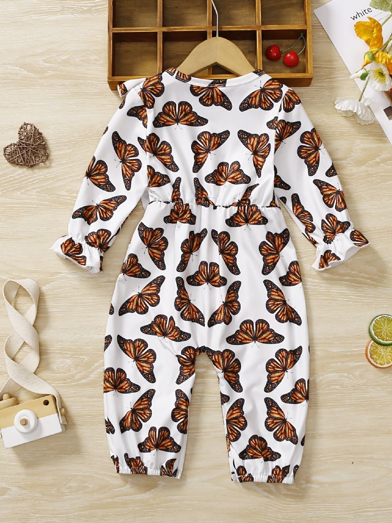 Bebis Flickor Romper Butterfly Print Volanger Långärmad Jumpsuit Barnkläder