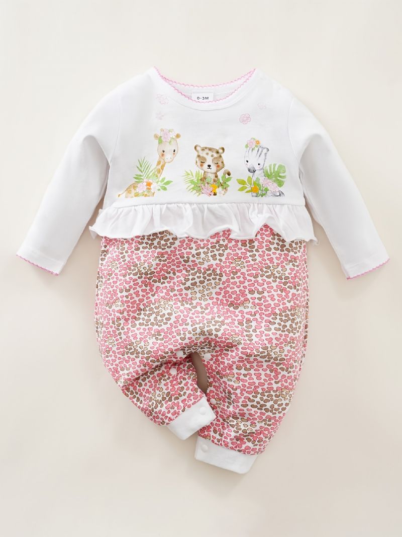 Bebis Flickor Rompers Söt Tecknad Djur Långärmad Blommig Trim Rund Hals Jumpsuit