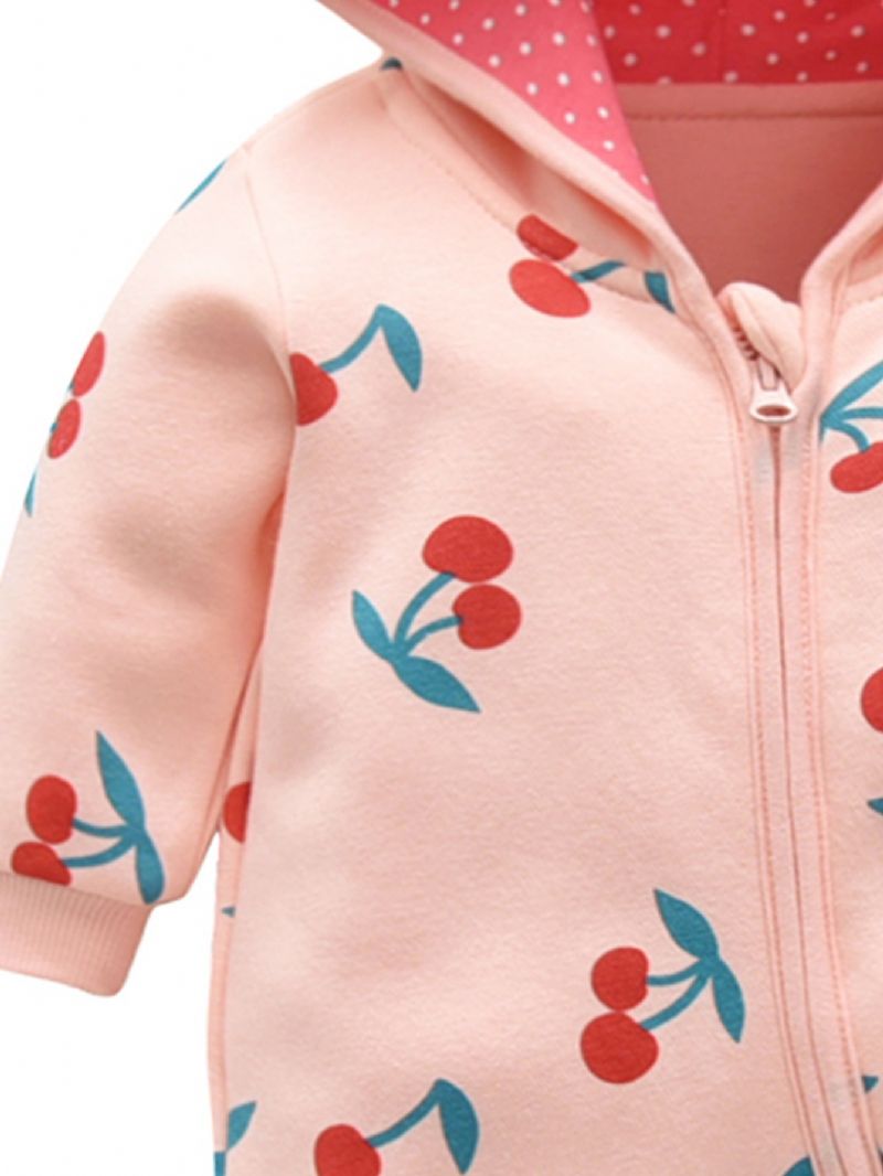 Bebis Flickor Rosa Söt Cherry Cotton Bekväm Hooded Jumpsuit Höst Vinter