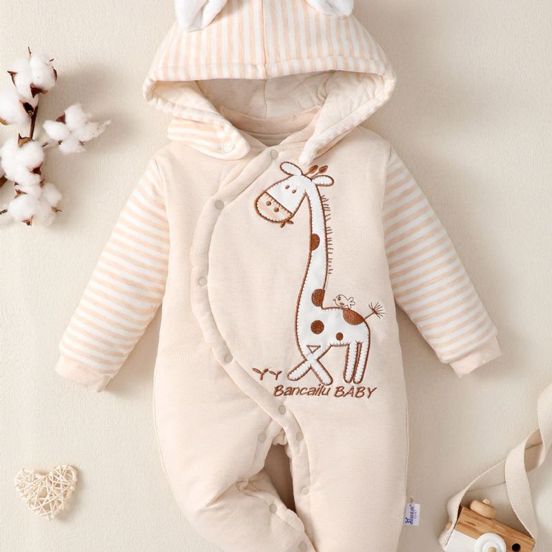 Bebis Flickor Söt Fleece Termisk Huva Romper Med Giraffbroderi Mjuk Bekväm Kattöron Randig Jumpsuit För Vinter