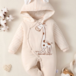 Bebis Flickor Söt Fleece Termisk Huva Romper Med Giraffbroderi Mjuk Bekväm Kattöron Randig Jumpsuit För Vinter