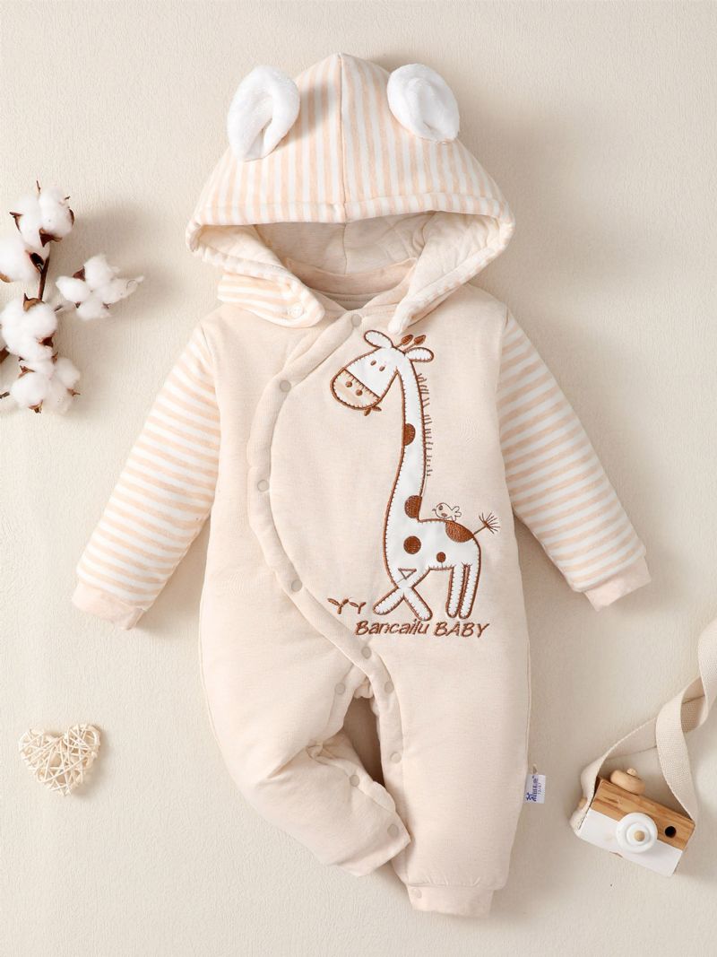 Bebis Flickor Söt Fleece Termisk Huva Romper Med Giraffbroderi Mjuk Bekväm Kattöron Randig Jumpsuit För Vinter