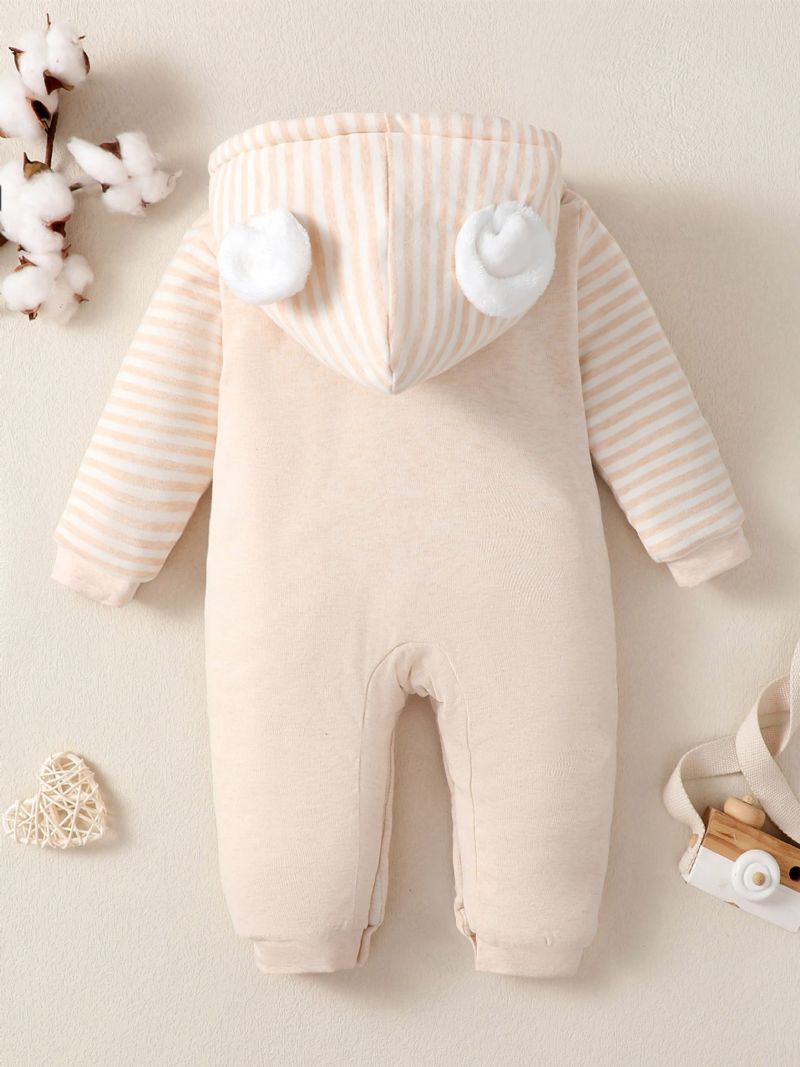 Bebis Flickor Söt Fleece Termisk Huva Romper Med Giraffbroderi Mjuk Bekväm Kattöron Randig Jumpsuit För Vinter