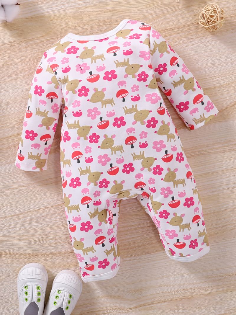 Bebis Flickor Söt Tecknad Blomma Hjort Print Romper Långärmad Crew Neck Casual Jumpsuit