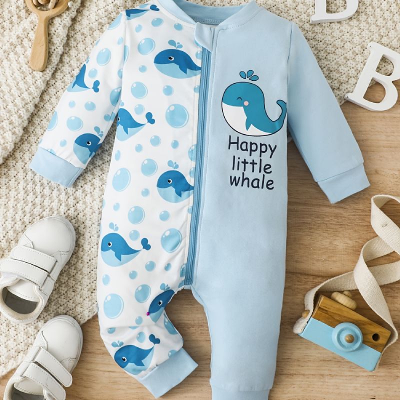 Bebis Flickor Söt Tecknad Whale Print Bomulls Jumpsuit Romper Med Dragkedja