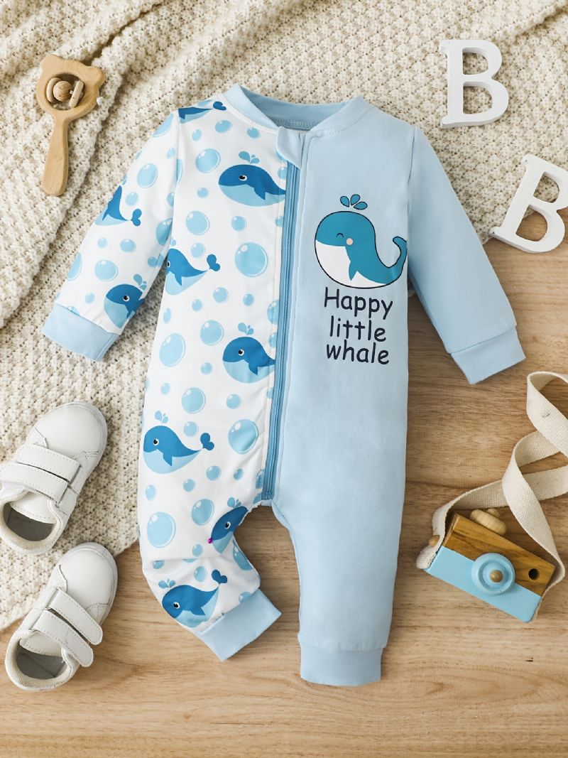 Bebis Flickor Söt Tecknad Whale Print Bomulls Jumpsuit Romper Med Dragkedja