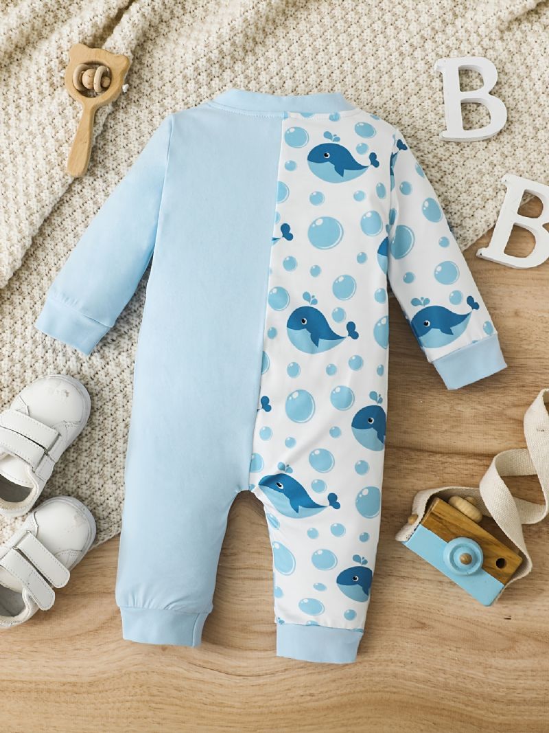 Bebis Flickor Söt Tecknad Whale Print Bomulls Jumpsuit Romper Med Dragkedja