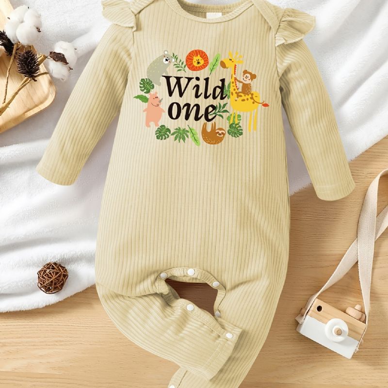 Bebis Flickor Söt Tecknad Zoo Flugsleeve Romper Med Wild One Print Långärmad Crew Neck Mjuk Ribbad Jumpsuit