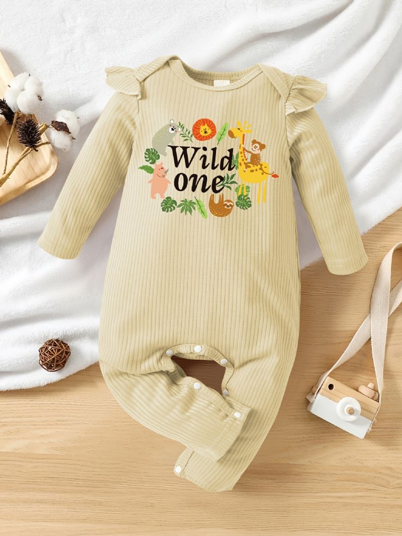 Bebis Flickor Söt Tecknad Zoo Flugsleeve Romper Med Wild One Print Långärmad Crew Neck Mjuk Ribbad Jumpsuit