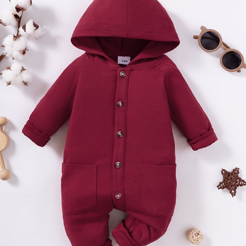 Bebis Flickor Solid Crew Neck Hooded Jumpsuit Romper Bebiskläder