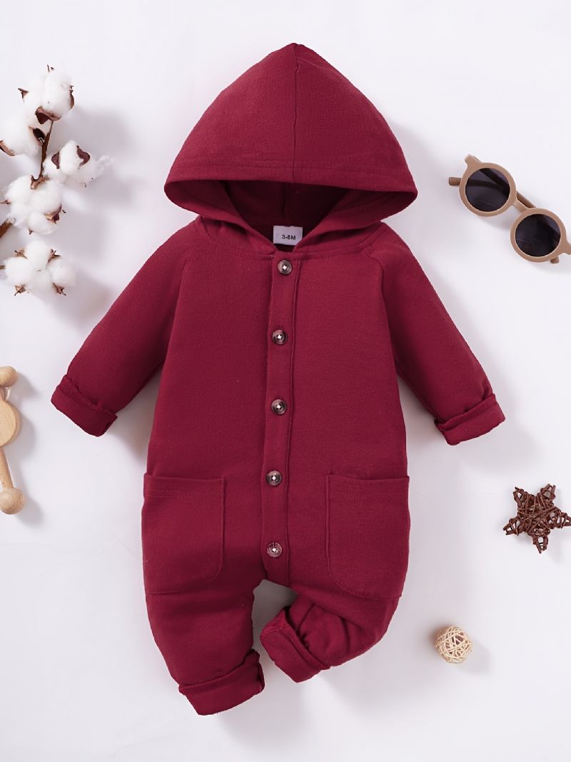 Bebis Flickor Solid Crew Neck Hooded Jumpsuit Romper Bebiskläder