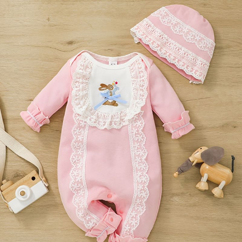 Bebis Flickor Spets Romper Rundhalsad Långärmad Broderi Kanin Jumpsuit & Hatt Newborn Kläder