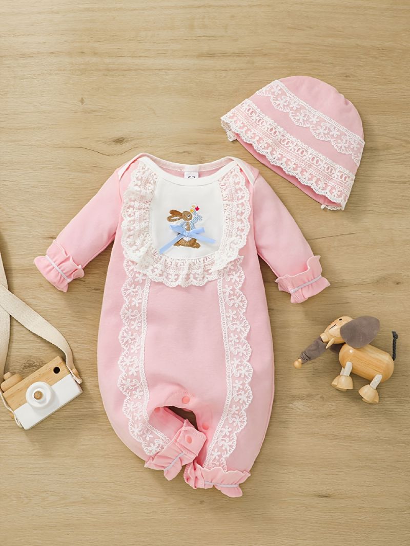 Bebis Flickor Spets Romper Rundhalsad Långärmad Broderi Kanin Jumpsuit & Hatt Newborn Kläder