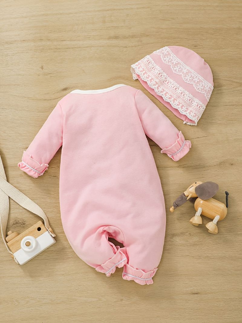 Bebis Flickor Spets Romper Rundhalsad Långärmad Broderi Kanin Jumpsuit & Hatt Newborn Kläder