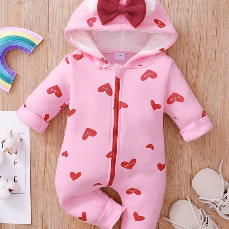 Bebis Flickor Sweet Heart Print Hood Long Sleeve Jumpsuit