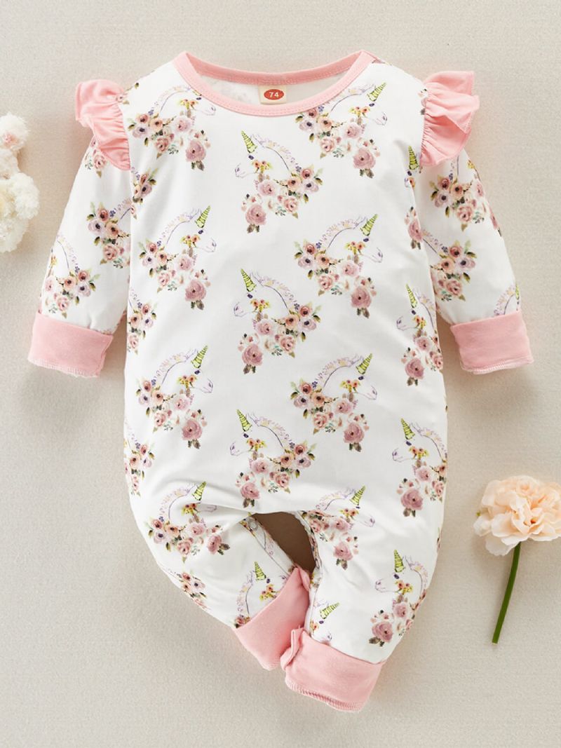 Bebis Flickor Unicorn Blommig Tryckt Volang Jumpsuit