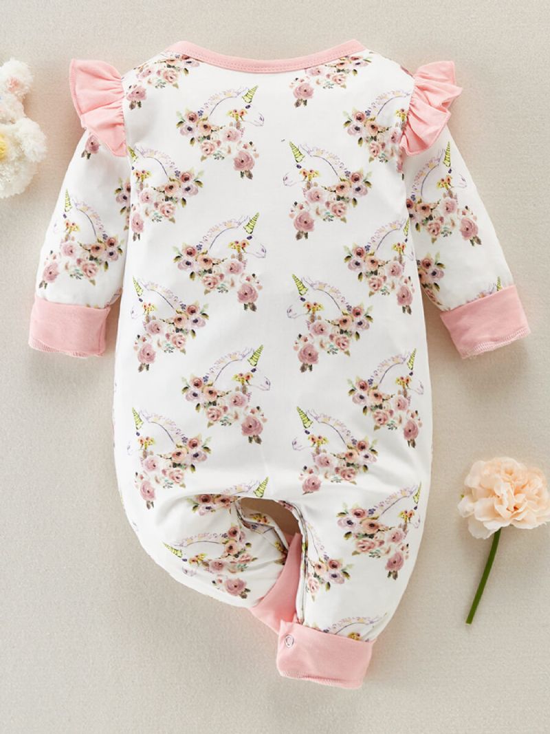 Bebis Flickor Unicorn Blommig Tryckt Volang Jumpsuit