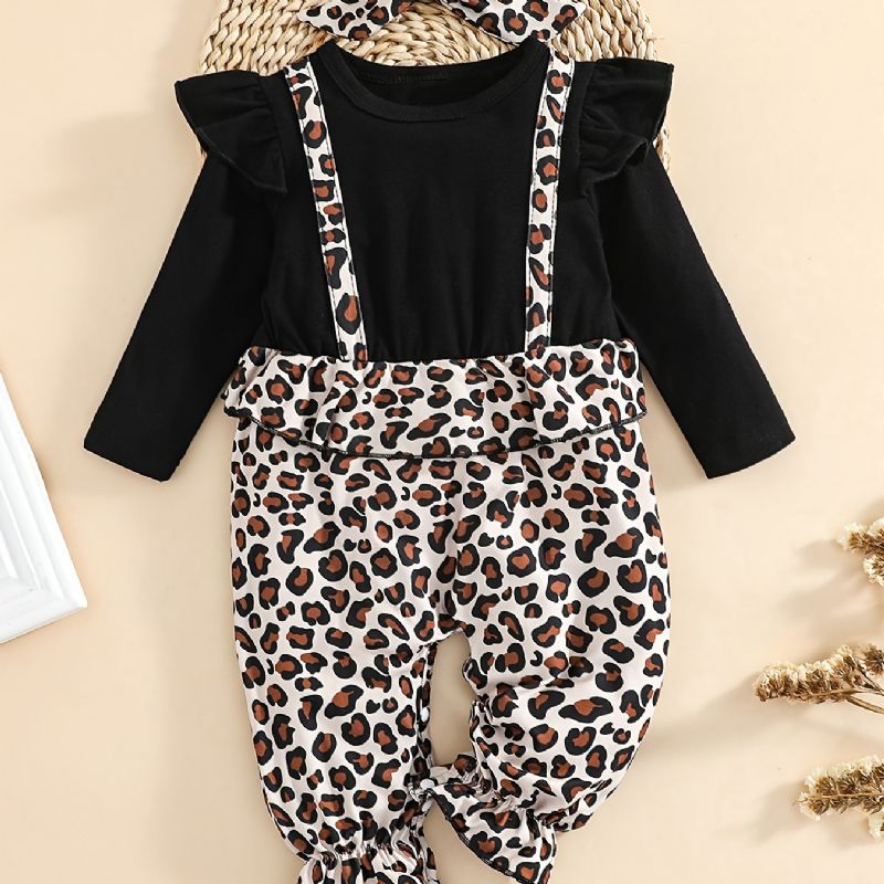 Bebis Flickor Volang Långärmad Patchwork Jumpsuit Med Leopardtryck Bebiskläder