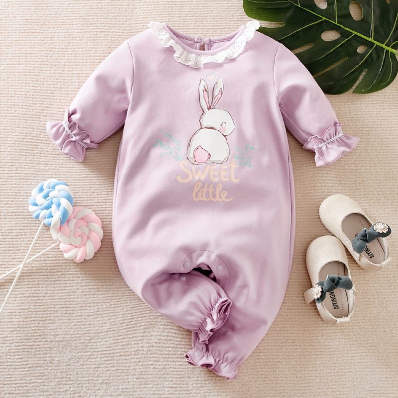 Bebis Jumpsuit Rabbit Bow Spets Bomull Crew Neck Långärmad