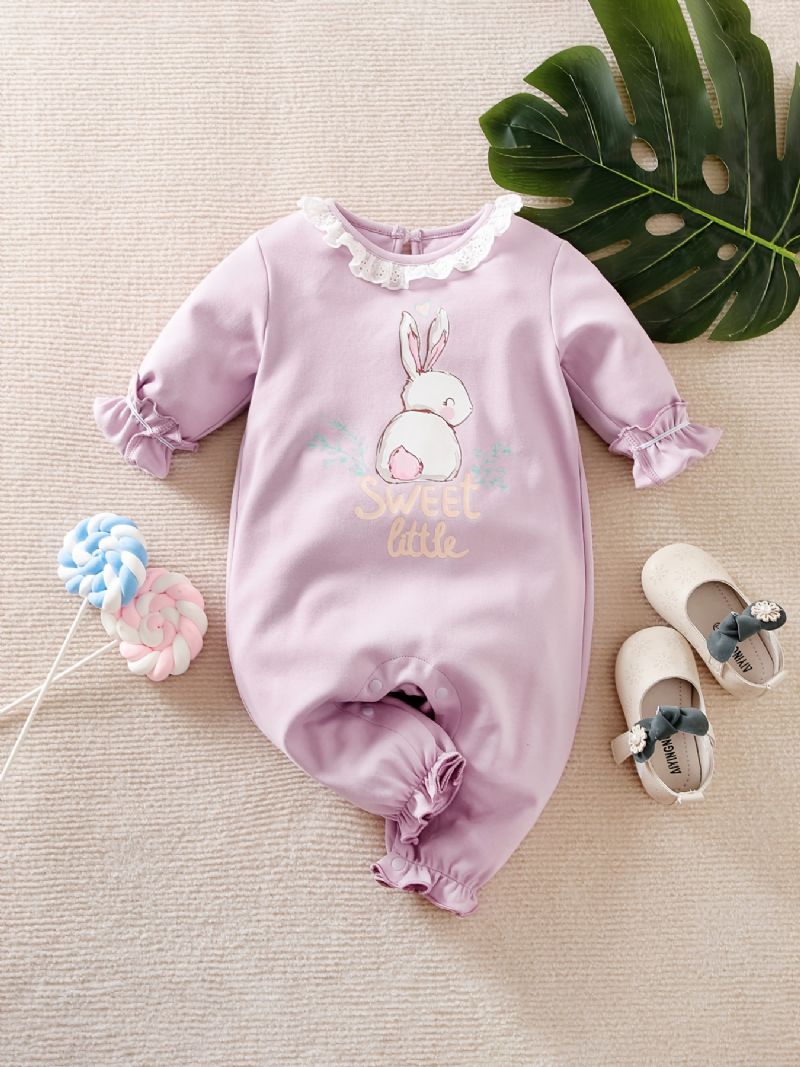 Bebis Jumpsuit Rabbit Bow Spets Bomull Crew Neck Långärmad