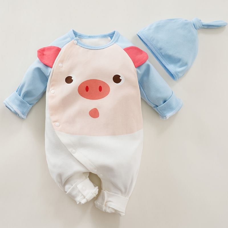 Bebis Pojkar Flickor Jumpsuits Med Piggy Design & Hatt Set