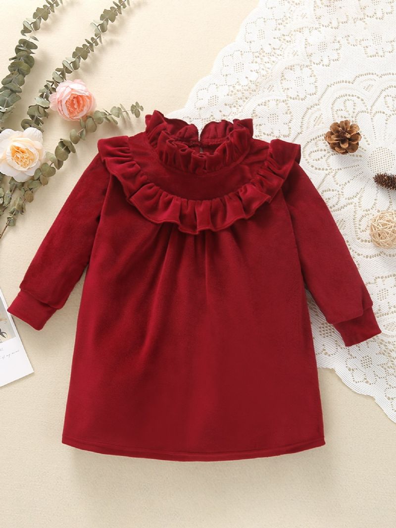 Christmas Toddler Flickor Frilled Neck Långärmad Red Velvet Jumpsuit