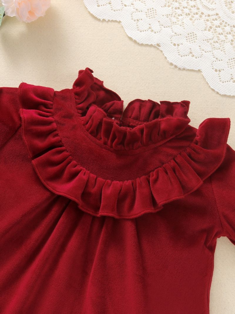 Christmas Toddler Flickor Frilled Neck Långärmad Red Velvet Jumpsuit