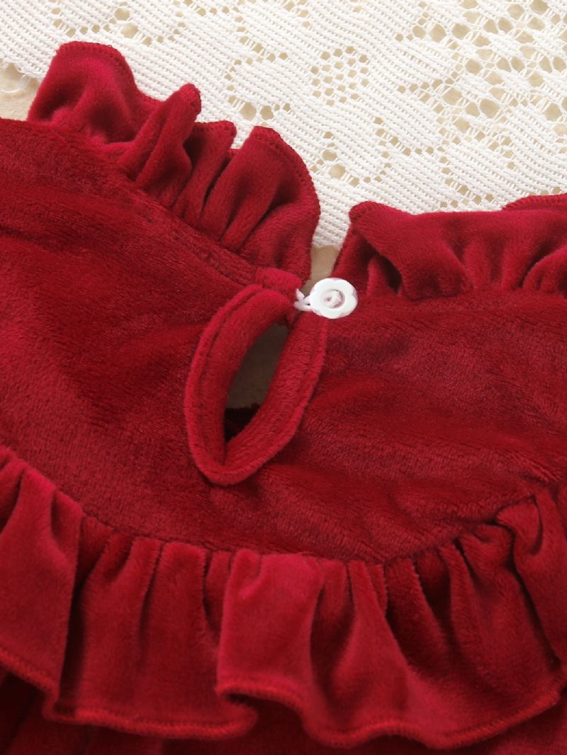 Christmas Toddler Flickor Frilled Neck Långärmad Red Velvet Jumpsuit