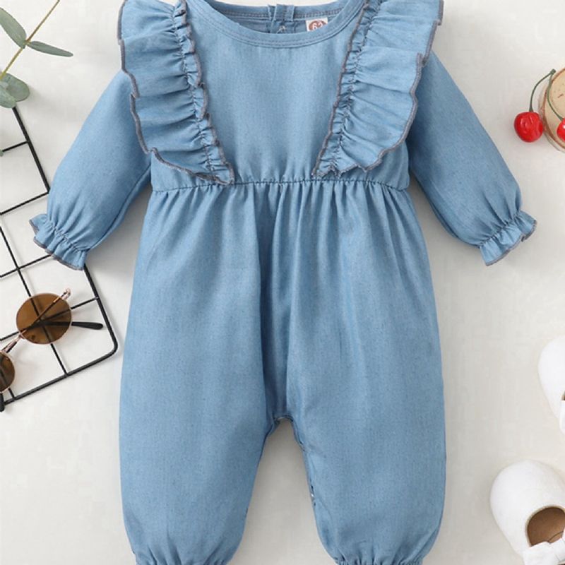 Denim Blå Volanger Långärmad Jumpsuit