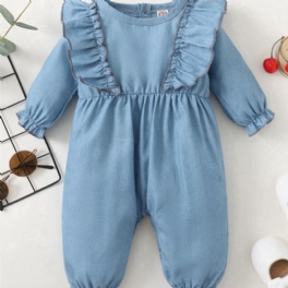 Denim Blå Volanger Långärmad Jumpsuit