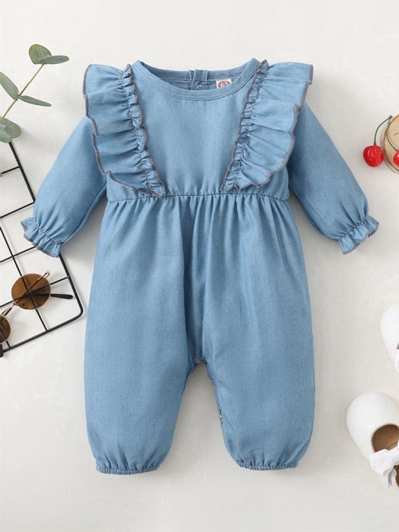 Denim Blå Volanger Långärmad Jumpsuit