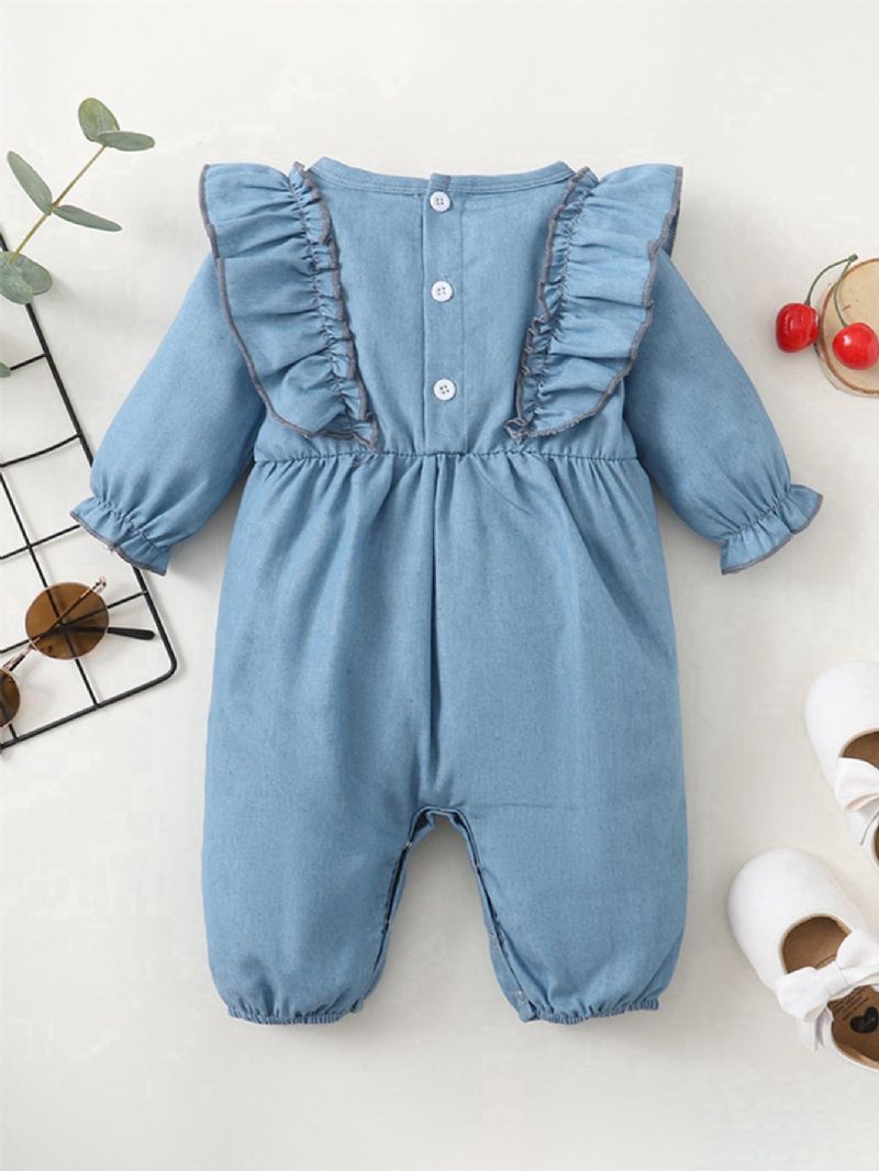 Denim Blå Volanger Långärmad Jumpsuit