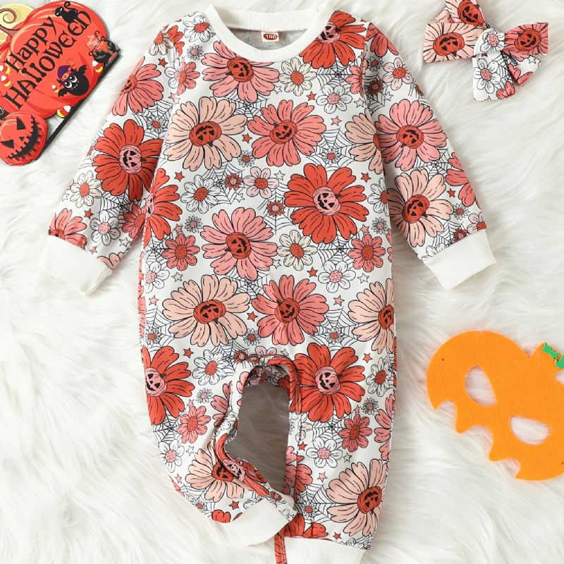 Flickor Långärmad Jumpsuit + Pannband Set Bebiskläder Romper Outfits Halloween