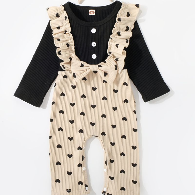 Flickor Pit Strip Fake Tvådelad Love Print Långärmad Romper Jumpsuit+pannband 2st Set Höst Vinter