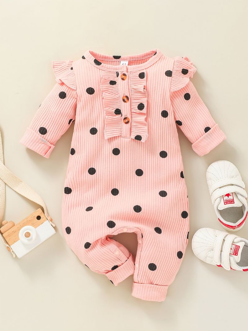 Flickor Polka Dot Ruffle Shoulder Långärmad Romper Jumpsuit Bebiskläder