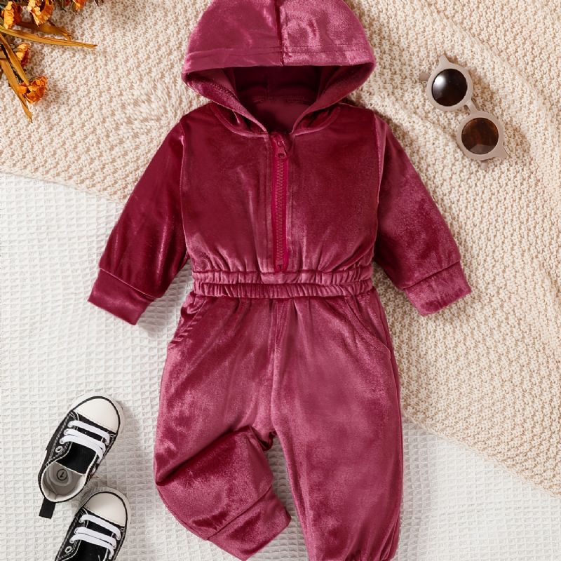 Flickor Rosa Sammet Långärmad Hooded Midja Byxor Jumpsuit