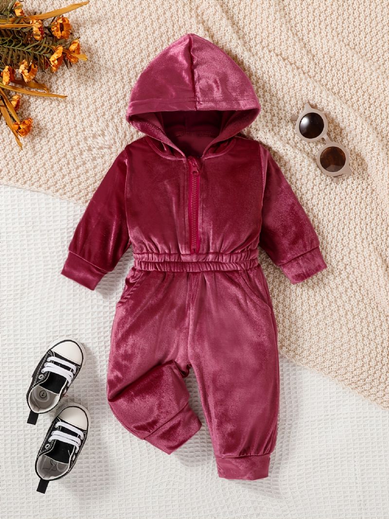 Flickor Rosa Sammet Långärmad Hooded Midja Byxor Jumpsuit