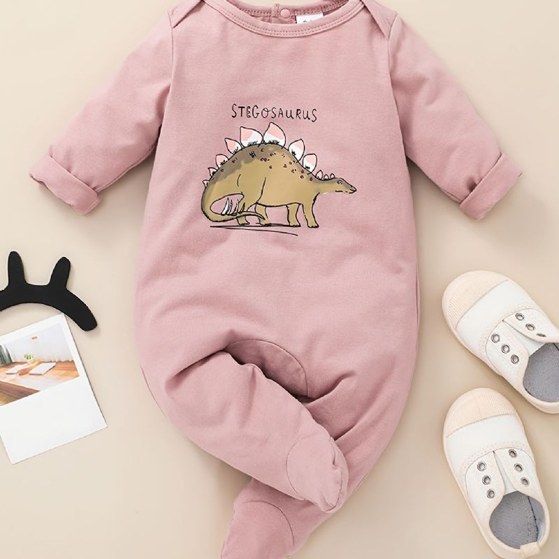 Flickor Söt Rosa Dinosaur Print Långärmad Rundhalsad Jumpsuit Romper Kläder