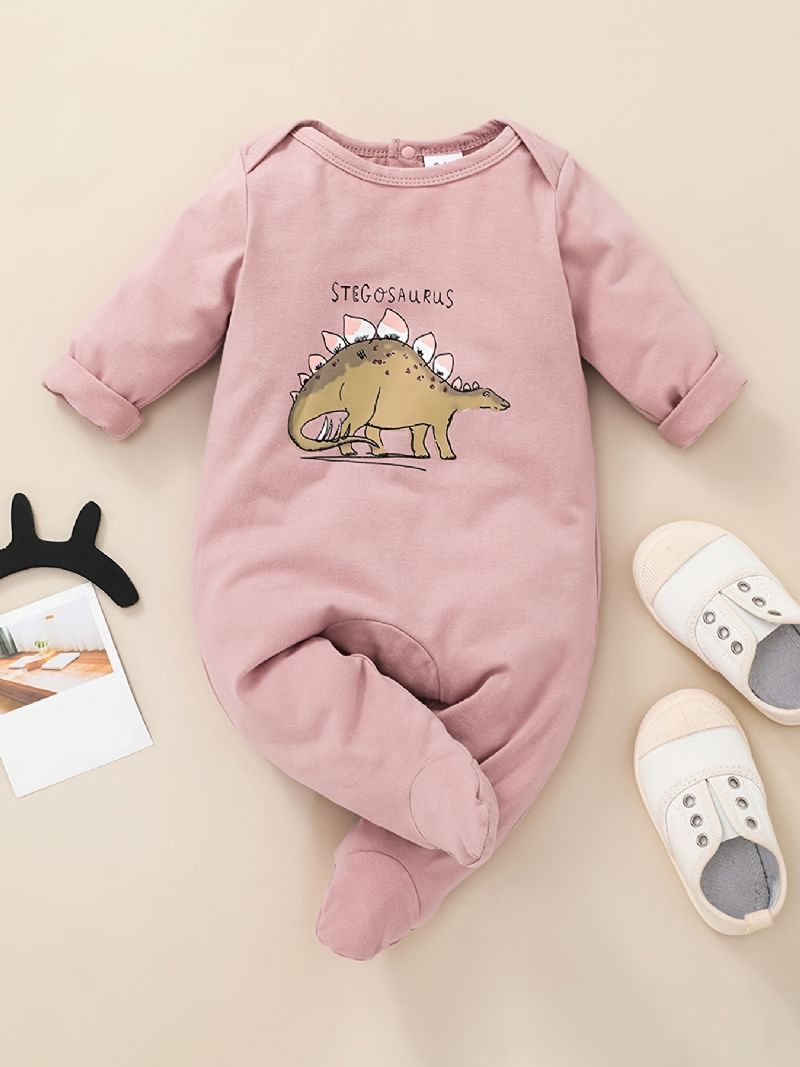 Flickor Söt Rosa Dinosaur Print Långärmad Rundhalsad Jumpsuit Romper Kläder