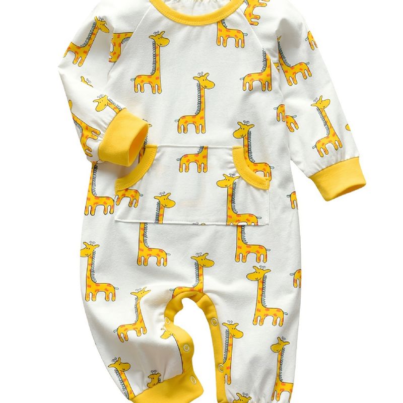 Nyfödd Barnbyxa Tecknad Girafftryck Långärmad Jumpsuit Med Rund Hals För Pojkar Flickor Barnkläder