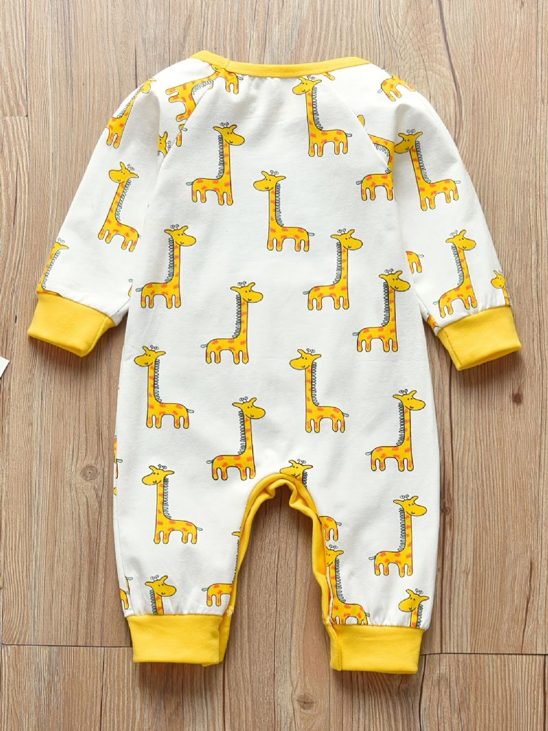 Nyfödd Barnbyxa Tecknad Girafftryck Långärmad Jumpsuit Med Rund Hals För Pojkar Flickor Barnkläder