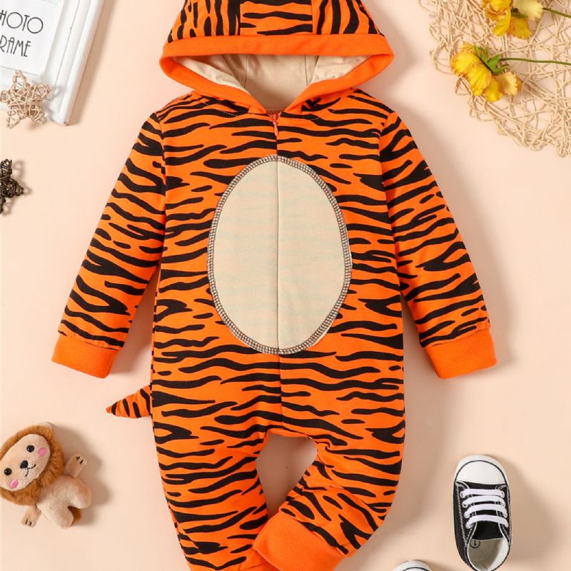 Nyfödd Pojkar Flickor 3d Tecknad Djur Tiger Jumpsuit Leopard Luvtröja Romper Lekdräkt Dragkedja Onesies Med Svans