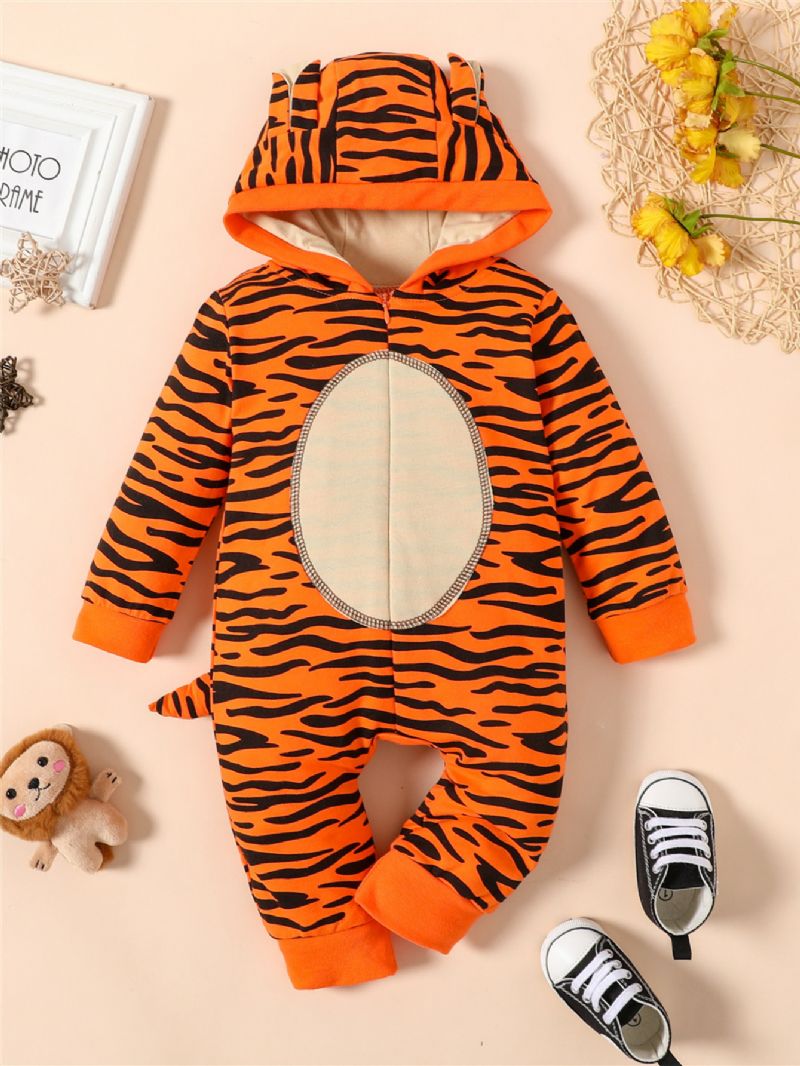 Nyfödd Pojkar Flickor 3d Tecknad Djur Tiger Jumpsuit Leopard Luvtröja Romper Lekdräkt Dragkedja Onesies Med Svans