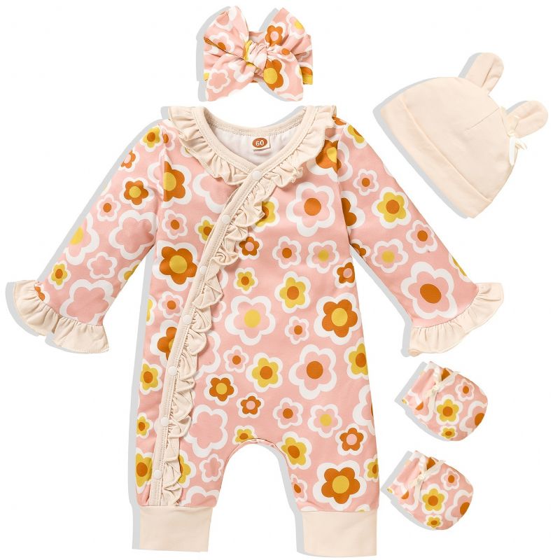 Nyfödd Spädbarn Romper Blommor Tryck Långärmad Volanger Jumpsuit & Pannband & Hatt & Handskar Set Bebis Flickor Kläder