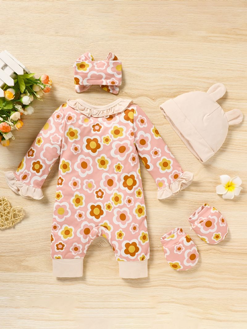 Nyfödd Spädbarn Romper Blommor Tryck Långärmad Volanger Jumpsuit & Pannband & Hatt & Handskar Set Bebis Flickor Kläder