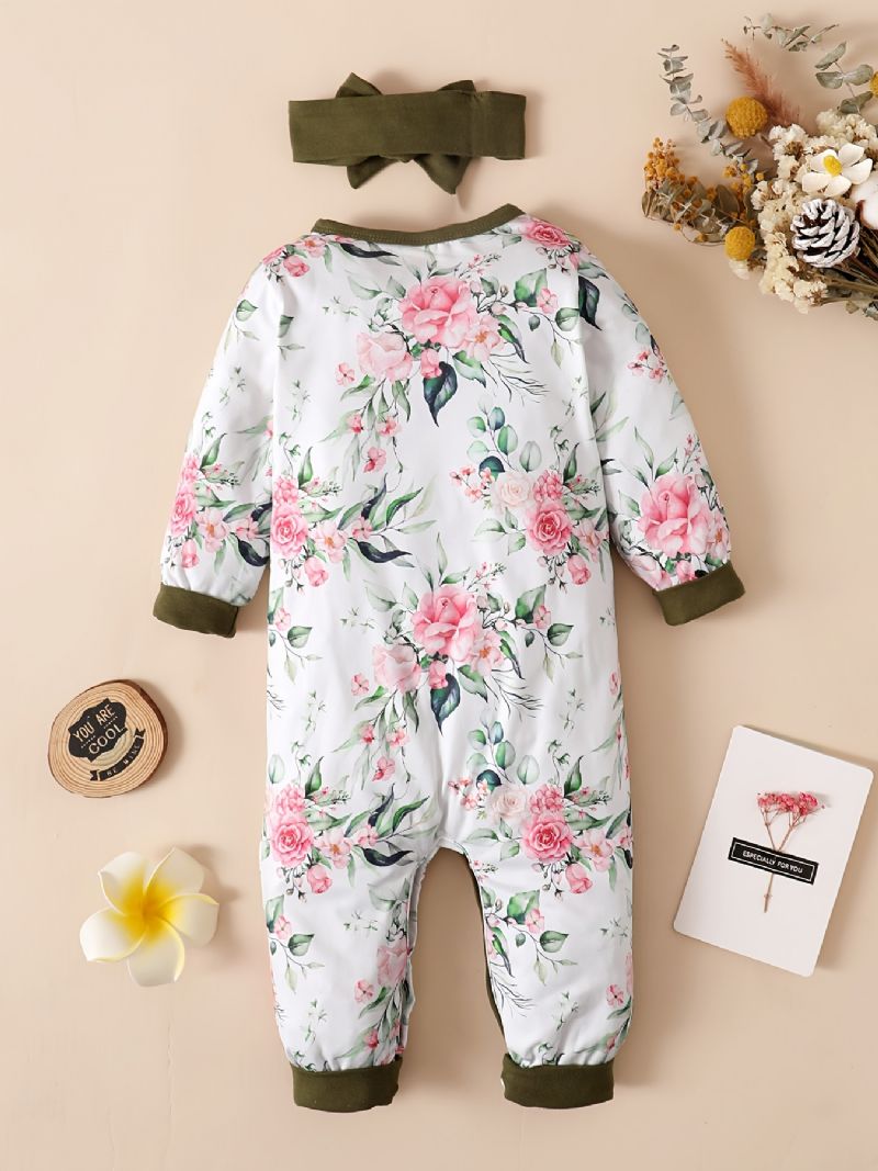 Nyfödd Spädbarn Volanger Romper Skarvning Långärmad Rundhalsad Blommönster Jumpsuit & Pannband För Bebis Flickor Barn Kläder